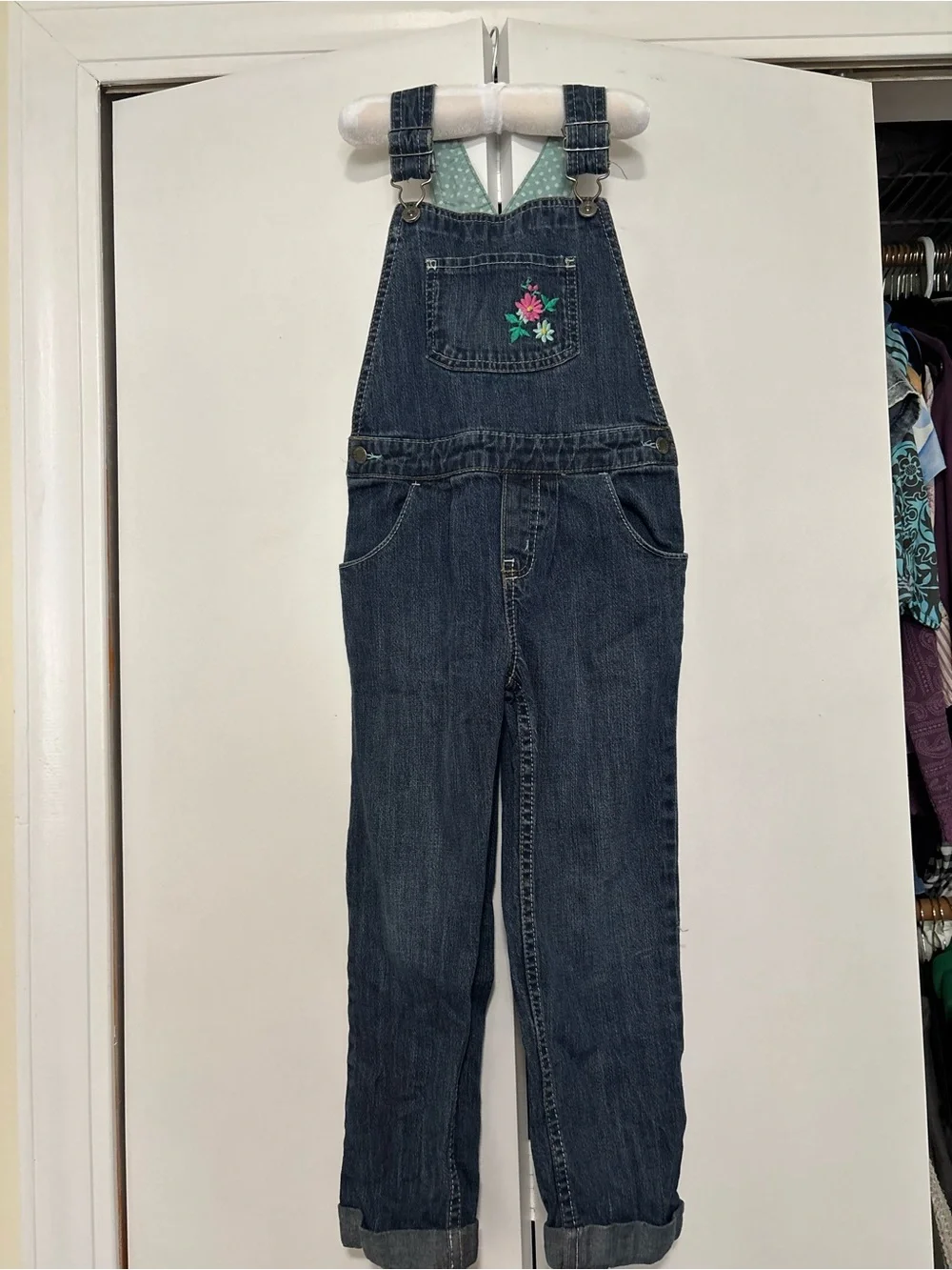 Genuine Kids 5T Dark Denim Overalls with Floral Embroidery